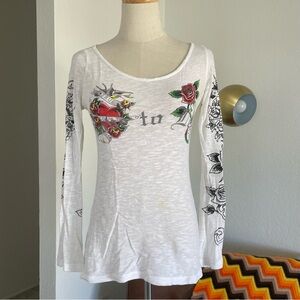 Y2K Styles Love to Love Roses Heart Biker Ed Hardy Style Tattoo Long Sleeve Top